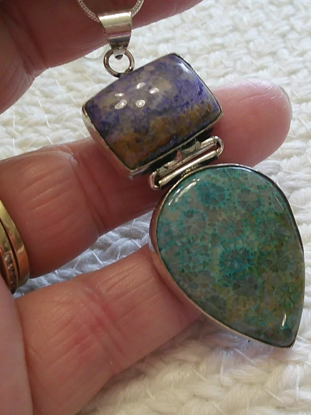 Gorgeous PURPLE & TEAL FOSSIL CORAL Handmade Sterling 925 Pendant/Chain #79F